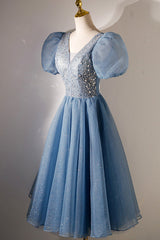 Bridesmaid Dress Ideas, A-line V-neck Sequins Short Prom Dress, Blue Short Sleeve Evening Dress