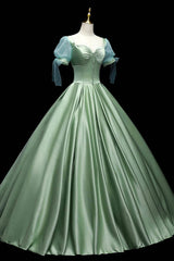 Prom Dresses Nearby, Green Satin Long A-Line Ball Gown, Green Short Sleeve Evening Gown