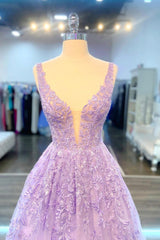 Country Wedding Dress, Purple V-Neck Lace Long Prom Dress, Purple A-Line Formal Evening Dress