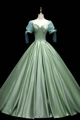 Prom Dress For Teen, Green Satin Long A-Line Ball Gown, Green Short Sleeve Evening Gown