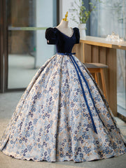 Prom 2044, Blue V-Neck Short Sleeve Ball Gown, Blue A-Line Velvet Floor Length Evening Dress