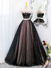 Bridesmaids Dresses Cheap, Black Tulle and Pink Flowers Party Dress, Black  Off Shoulder Sweet 16 Dress