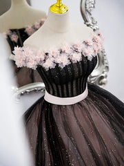 Bridesmaid Dress Cheap, Black Tulle and Pink Flowers Party Dress, Black  Off Shoulder Sweet 16 Dress