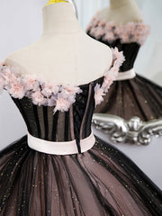 Bridesmaid Dress Designers, Black Tulle and Pink Flowers Party Dress, Black  Off Shoulder Sweet 16 Dress