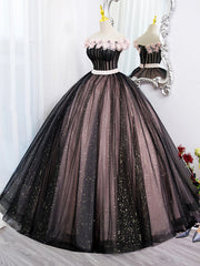 Bridesmaids Dress Cheap, Black Tulle and Pink Flowers Party Dress, Black  Off Shoulder Sweet 16 Dress