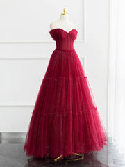 Formals Dresses Long, Burgundy Shiny Tulle Long Prom Dress, Beautiful A-Line Off the Shoulder Evening Dress