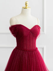 Formal Dress Long, Burgundy Shiny Tulle Long Prom Dress, Beautiful A-Line Off the Shoulder Evening Dress