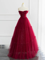 Formal Dresses And Gowns, Burgundy Shiny Tulle Long Prom Dress, Beautiful A-Line Off the Shoulder Evening Dress