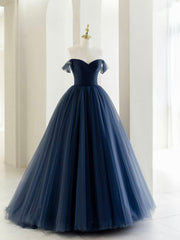 Bridesmaid Dresses Different Colors, Off the Shoulder Tulle Long Prom Dress, A-Line Blue Formal Evening Dress