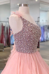 Bridesmaids Dressing Gowns, Pink Organza Beaded Long Formal Dress, A-Line One Shoulder Evening Dress
