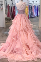 Bridesmaid Dresses Near Me, Pink Organza Beaded Long Formal Dress, A-Line One Shoulder Evening Dress