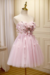 Bridesmaids Dresses Blush Pink, Pink Tulle Short Prom Dress, Pink A-Line Strapless Homecoming Dress