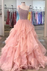 Bridesmaid Dress Gown, Pink Organza Beaded Long Formal Dress, A-Line One Shoulder Evening Dress