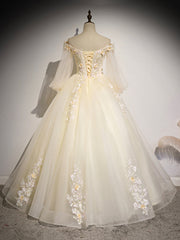 Evening Dress Knee Length, Champagne Tulle Lace Long Prom Dress, A-Line Off the Shoulder Long Sleeve Evening Dress