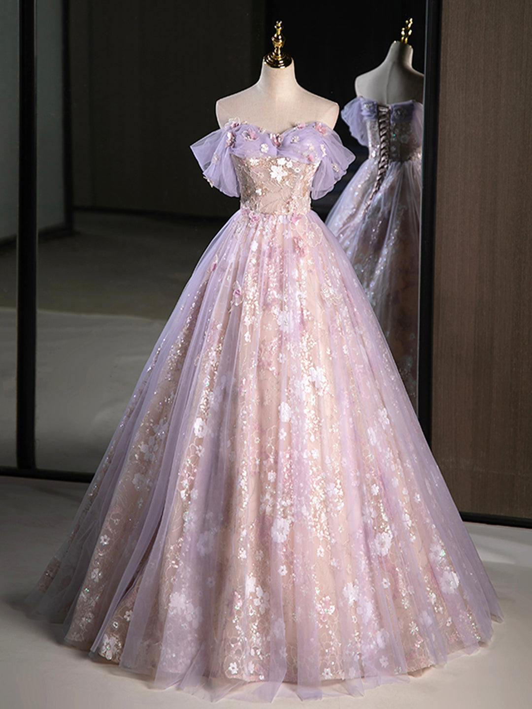 Wedding Photo Ideas, Purple A-Line Off the Shoulder Sequins Prom Dress, Lovely Tulle Corset Floor Length Evening Dress