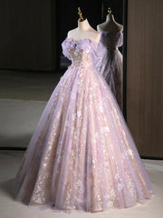 Wedding Inspo, Purple A-Line Off the Shoulder Sequins Prom Dress, Lovely Tulle Corset Floor Length Evening Dress