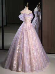 Spring Wedding, Purple A-Line Off the Shoulder Sequins Prom Dress, Lovely Tulle Corset Floor Length Evening Dress
