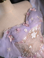 Beach Wedding Dress, Purple A-Line Off the Shoulder Sequins Prom Dress, Lovely Tulle Corset Floor Length Evening Dress