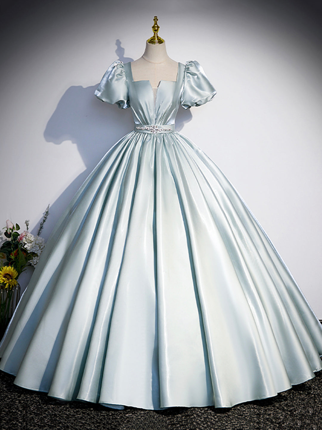 Bridesmaid Dress Styles, Beautiful Satin Floor Length Prom Dress, A-Line Short Sleeve Evening Party Dress