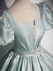 Bridesmaids Dress Long, Beautiful Satin Floor Length Prom Dress, A-Line Short Sleeve Evening Party Dress