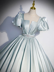 Bridesmaids Dresses Long, Beautiful Satin Floor Length Prom Dress, A-Line Short Sleeve Evening Party Dress