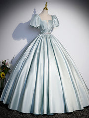 Bridesmaid Dresses Spring, Beautiful Satin Floor Length Prom Dress, A-Line Short Sleeve Evening Party Dress