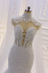 Wedding Dress With Sleeved, Luxurious 3D Lace Applique High Neck Tulle Mermaid Wedding Dress