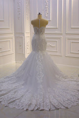 Wedding Dresses With Sleeve, Luxurious 3D Lace Applique High Neck Tulle Mermaid Wedding Dress
