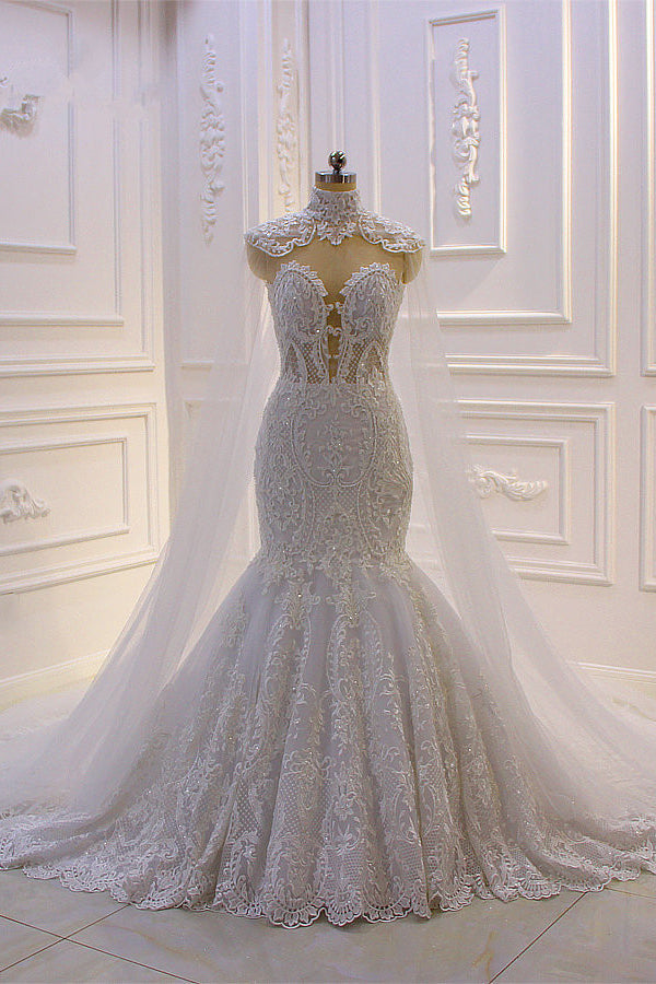 Wedding Dresses Accessories, Luxurious 3D Lace Applique High Neck Tulle Mermaid Wedding Dress