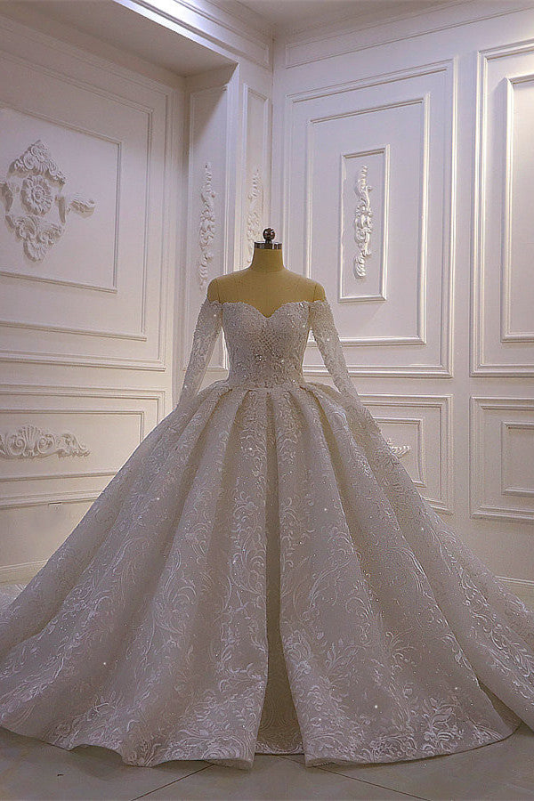 Wedding Dresses Prices, Luxurious Ball Gown Long Sleevess 3D Lace Sweetheart Long Wedding Dresses