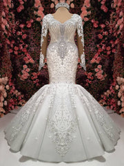 Wedding Dresses Simple Lace, Luxurious Crystals Mermaid Bridal Gowns Long Sleevess Chapel Train Wedding Dresses
