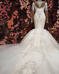 Wedding Dress For Brides, Luxurious Crystals Mermaid Bridal Gowns Long Sleevess Chapel Train Wedding Dresses