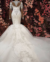 Wedding Dress For Bride, Luxurious Crystals Mermaid Bridal Gowns Long Sleevess Chapel Train Wedding Dresses
