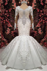 Wedding Dresses Bridesmaids, Luxurious Crystals Mermaid Bridal Gowns Long Sleevess Chapel Train Wedding Dresses