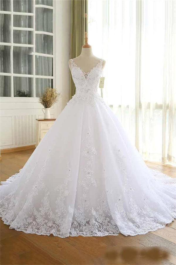 Wedding Dress For Spring, Luxurious Lace Beaded Wedding Dresses New Arrival V Neck Straps Long Ball Gown Wedding Party Bridal Dress