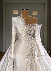 Wedding Dresses Budget, Luxurious Long Sleeve Pearls Overskirt Wedding Dress Online
