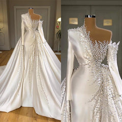 Wedding Dresses Long Sleev, Luxurious Long Sleeve Pearls Overskirt Wedding Dress Online