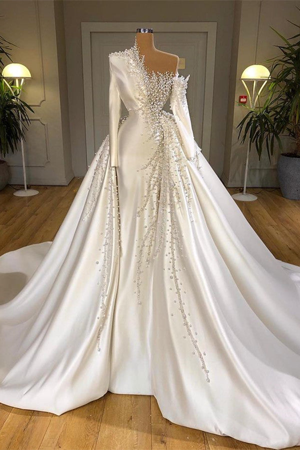 Wedding Dress Budget, Luxurious Long Sleeve Pearls Overskirt Wedding Dress Online