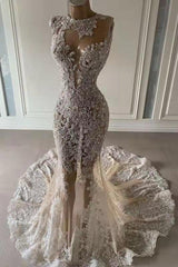 Wedding Dressing Gowns, Luxurious Mermaid Lace Appliques Wedding Dress Sheer Skirt