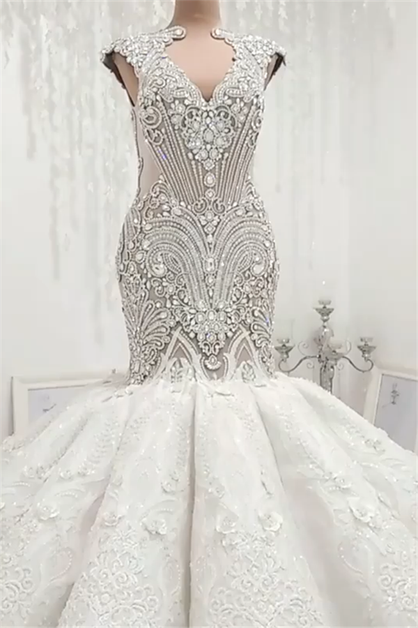 Wedding Dresses Under 303, Luxurious Sleeveless Appliques Rhinestones Mermaid Wedding Bridal Gowns