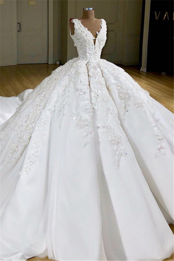 Wedding Dress Deals, Luxurious V Neck Appliques Princess Ball Gown Delicate Wedding Dress