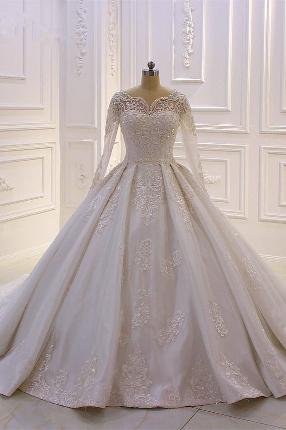 Wedding Dress Outlets, Luxurious White Long Sleevess Appliques Beadings Wedding Dress