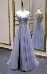 Wedding Color Schemes, Luxury Beaded A Line Spaghetti Straps Long Prom Dresses,Split Tulle Evening Party Dress