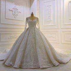 Wedding Dress Styling, Luxury Long Ball Gown Lace Appliques Wedding Dress with Sleeves