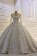 Weddings Dress Styles, Luxury Long Ball Gown Lace Appliques Wedding Dress with Sleeves