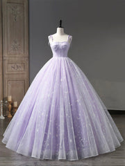 Reception Dress, Light Purple Tulle Straps Long Prom Dress, Purple A-Line Princess Dress