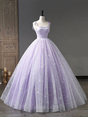 Gown, Light Purple Tulle Straps Long Prom Dress, Purple A-Line Princess Dress