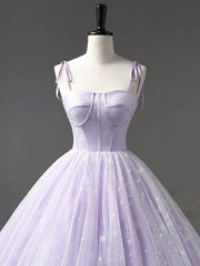 Cute Dress, Light Purple Tulle Straps Long Prom Dress, Purple A-Line Princess Dress