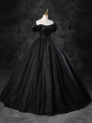 Bridesmaid Dresses 2044, Black Sparkly Tulle Off the Shoulder Long Formal Dress, Elegant A-Line Black Evening Party Dress