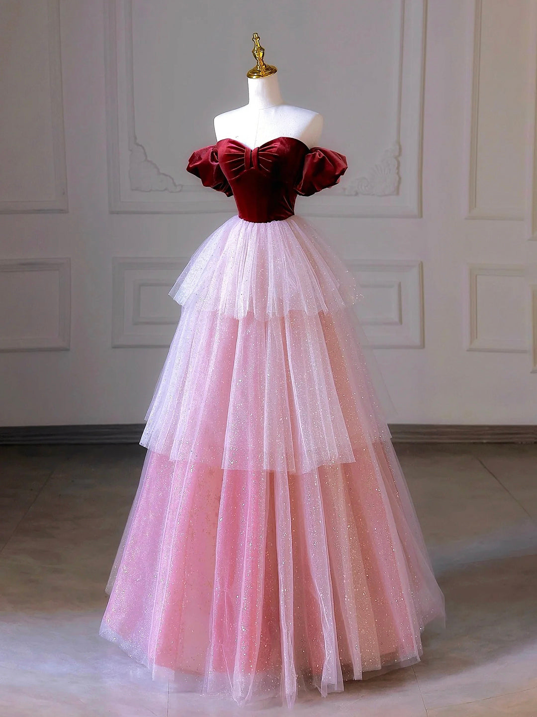 Ruffle Dress, Burgundy Velvet and Layers Tulle Long Prom Dress, Off the Shoulder A-Line Evening Party Dress